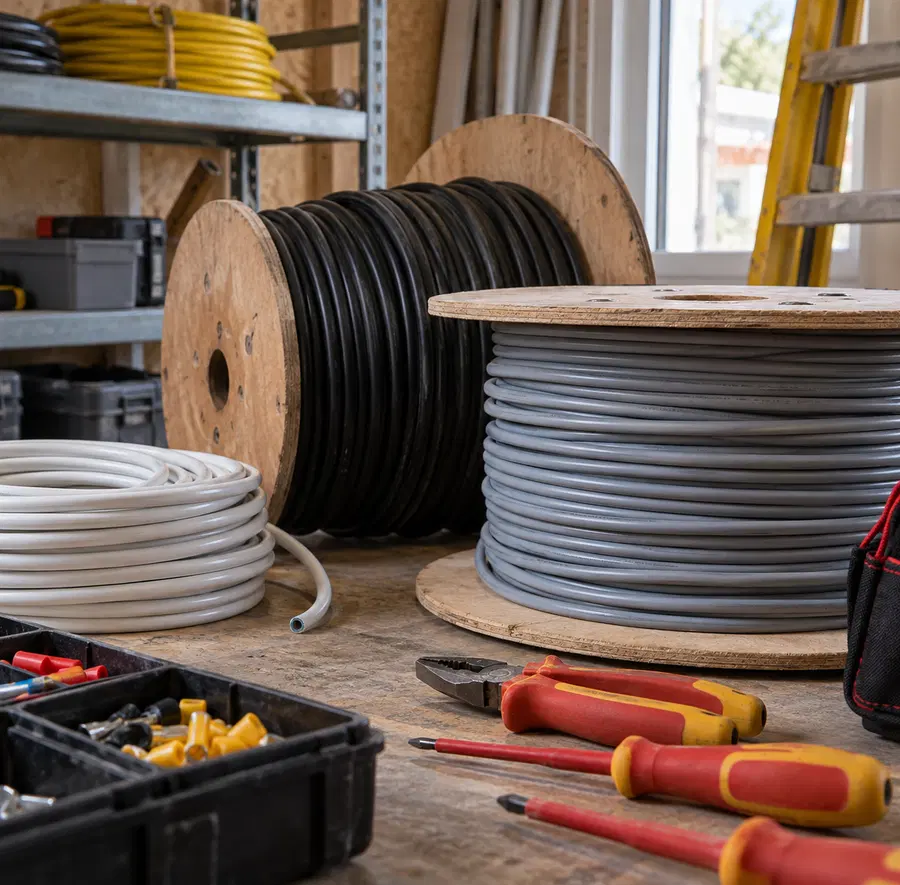 Illustration of electrical contractors equipment and workspace