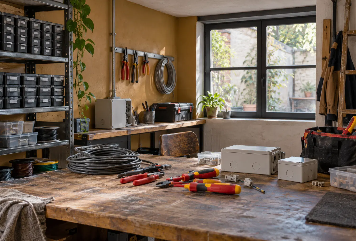 Illustration of electrical contractors and their working space